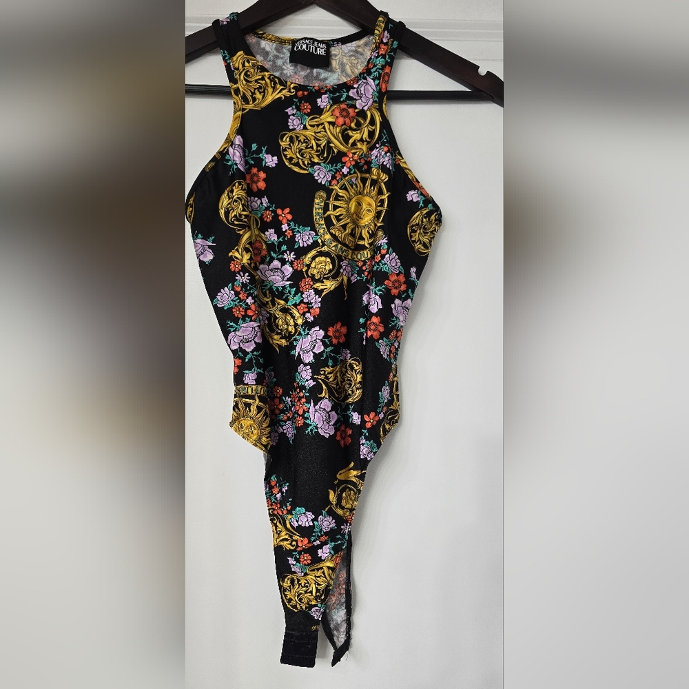 Versace Black Bodysuit with Gold and Floral Accents